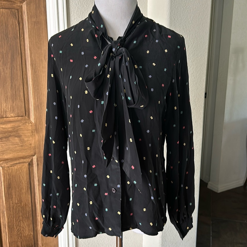 Halston Vintage Silk Top 70s Abstract H Old Money Secretary Academia Size 8